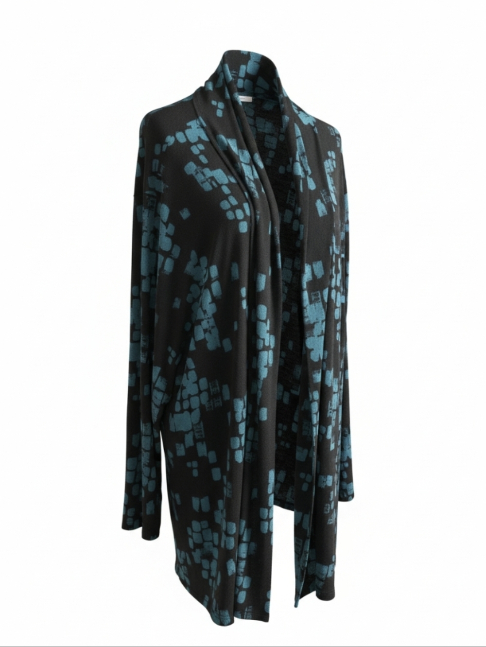 Ulla Popken Open Front Long Black Cardigan with Teal Geometric Print Sz 5x